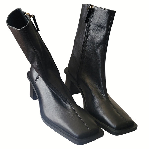 ZARA WOMAN LEATHER HIGH BLOCK HEEL ANKLE BOOTS BLACK - Made in Spain - Size 38 - Picture 4 of 9